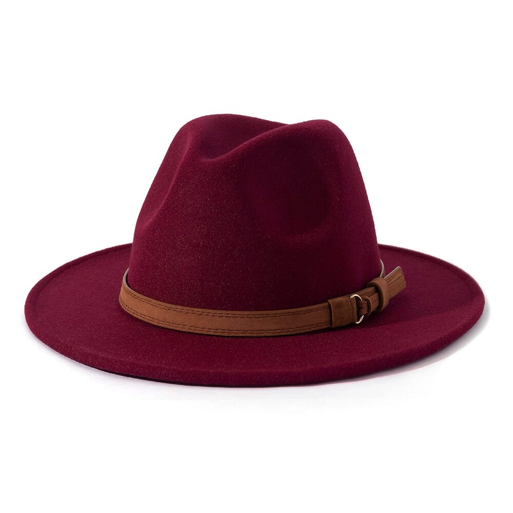 4537 & Vintage Wide Brim Fedora Hat with Belt Buckle A-Wine 59-60cm